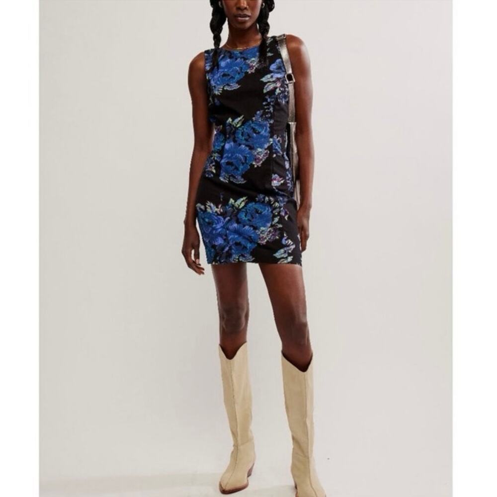 Free People NWT Mayberry Black and Blue Floral Mini Open Back Dress, Size Small